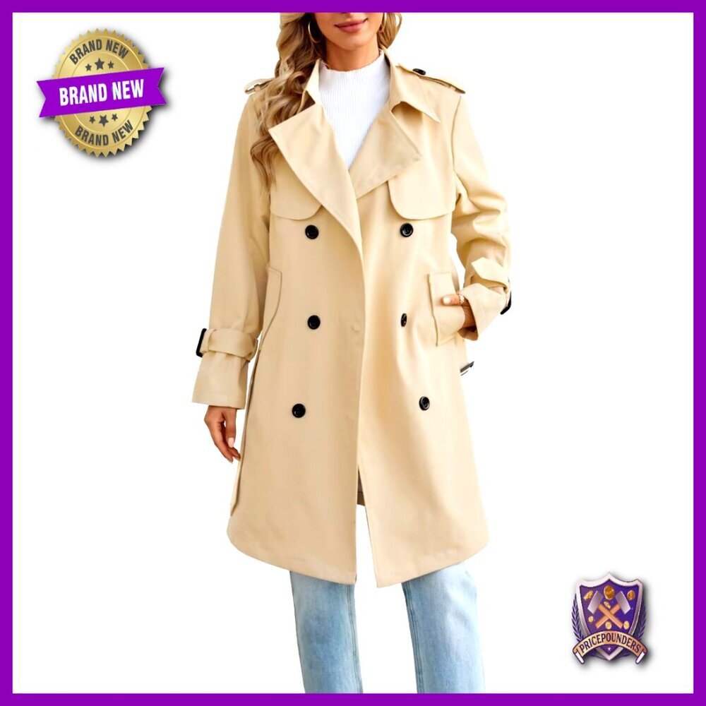 Waterproof Trench Coat Double Breasted Lapel Belted Rain Coat Elegant Chic